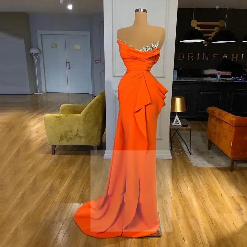 Sexy Orange Mermaid Prom Dresses for Women Plus Size One Shoulder Beaded Satin Pleats Side Split Backless Special Occasion Formal Evening Party Pageant Gowns