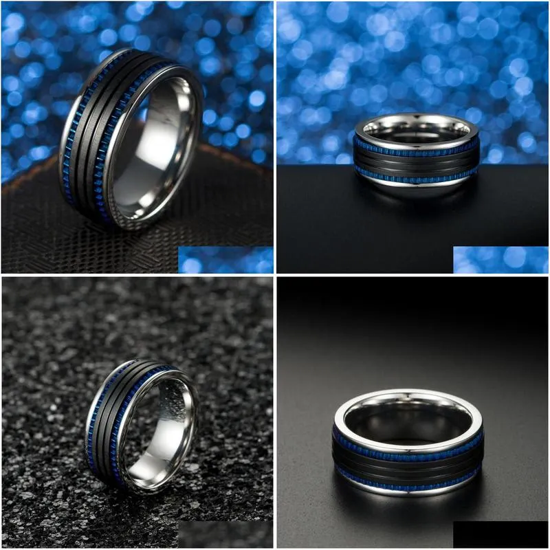 wedding rings fashion wire drawing black and blue color man ring men stainless steel engagement male for tooth