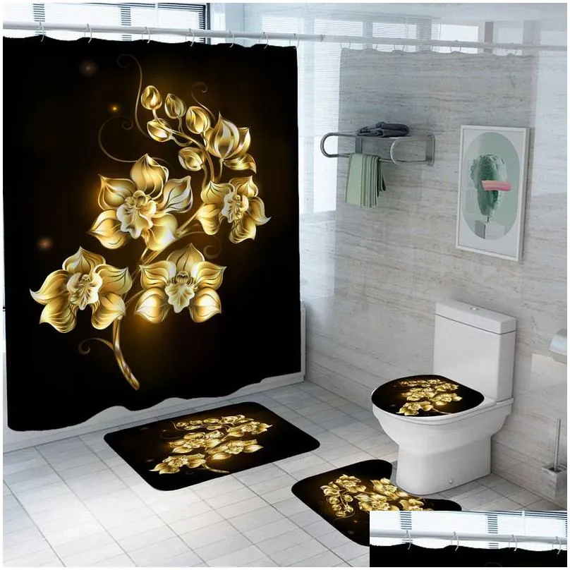 shiny blue golden rose waterproof shower curtain set toilet cover mat nonslip bath rugs bathroom valentines day christmas decor