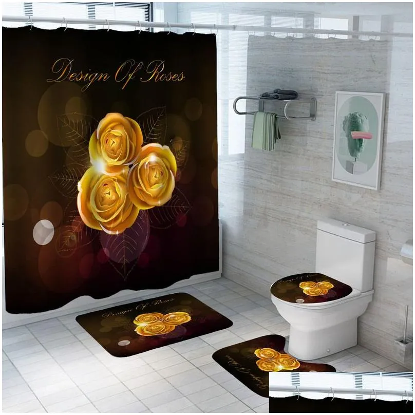 shiny blue golden rose waterproof shower curtain set toilet cover mat nonslip bath rugs bathroom valentines day christmas decor
