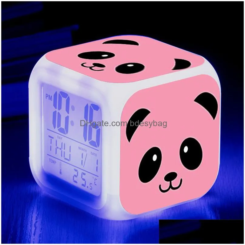 kids bedside alarm clock panda pattern led digital display 7 color changing light night glowing clocks