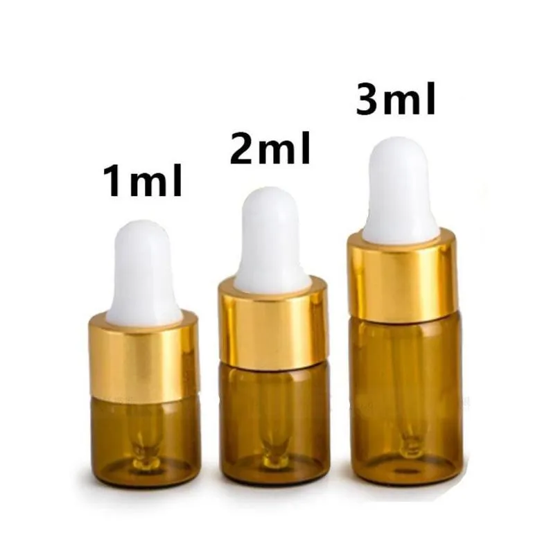 20pcs 1/2/3 ml amber glass  oil aromatherapy dropper bottles gold aluminum cap reagent drop eye liquid pipette bottle