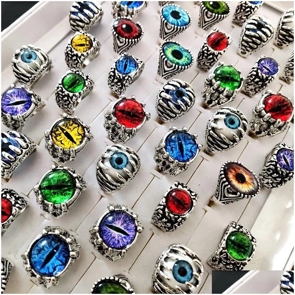 wholesale lots 30pcs punk style exaggeration demon eye rings evil eyes ring nightclub gothic biker party jewelry male fashion metal alloy wonderful