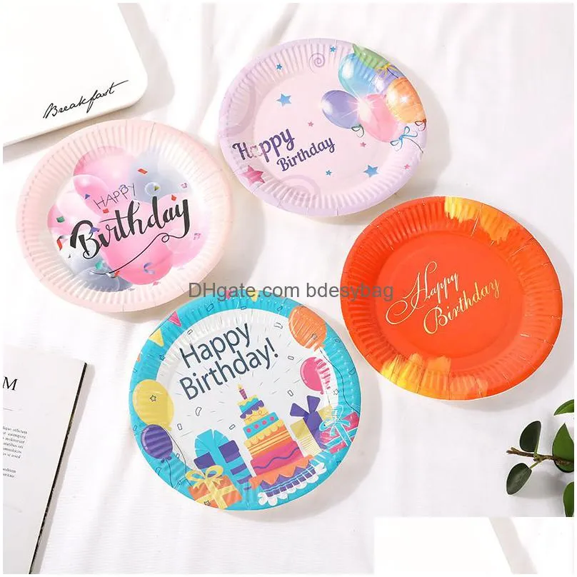 happy birthday disposable paper plate set 10pcs 7 inches party tableware cake fruit candy tray
