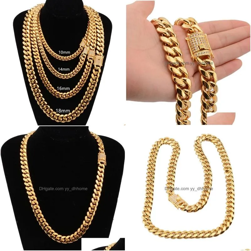 8mm/10mm/12mm/14mm/16mm  cuban link chains stainless steel necklaces cz box lock gold chain for men hip hop jewelry