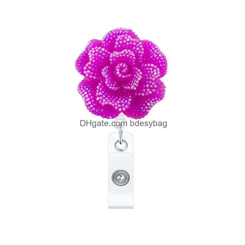 retractable badge holder with alligator clip flower shaped ab rhinestones 24 inch retractable cord id badges reel for school office