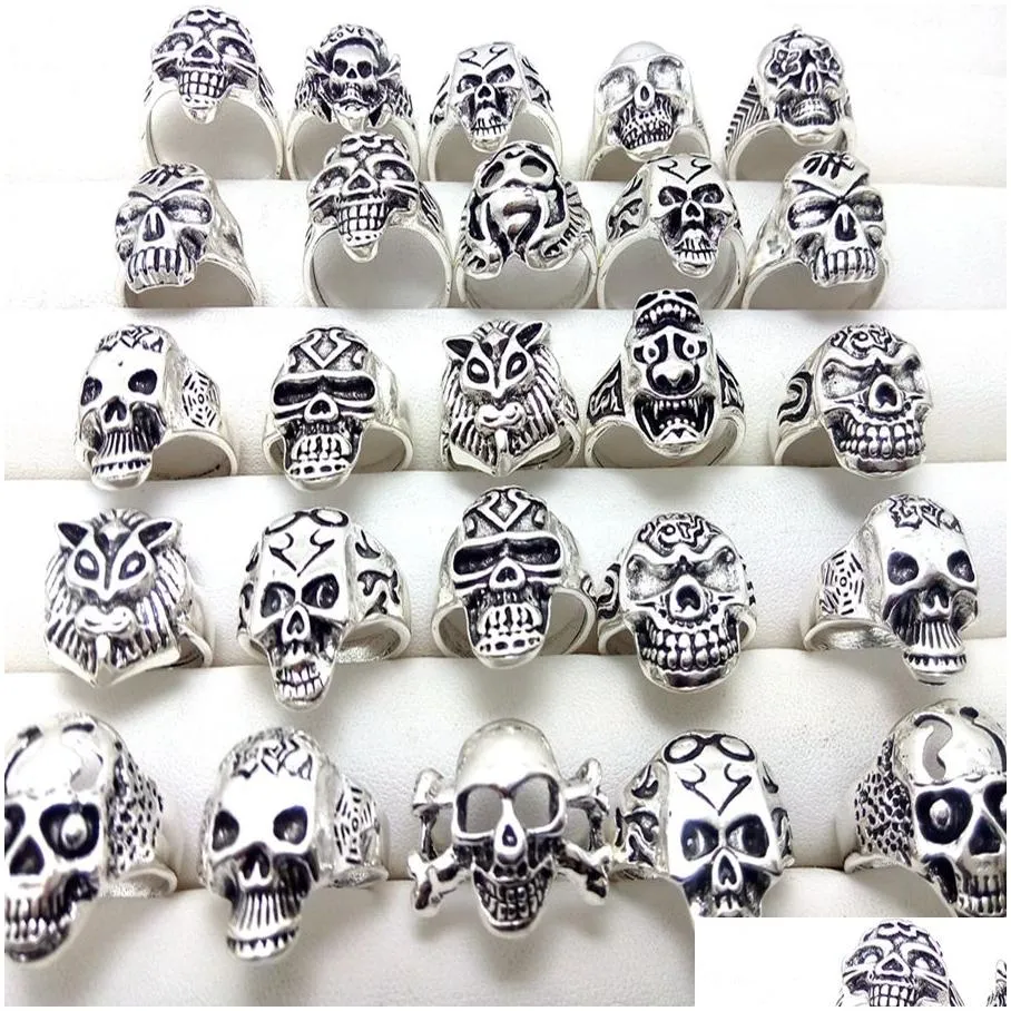 bulk lots 100pcs men skull rings 2020 new gothic biker punk cool rings wholesale fashion jewelry lot