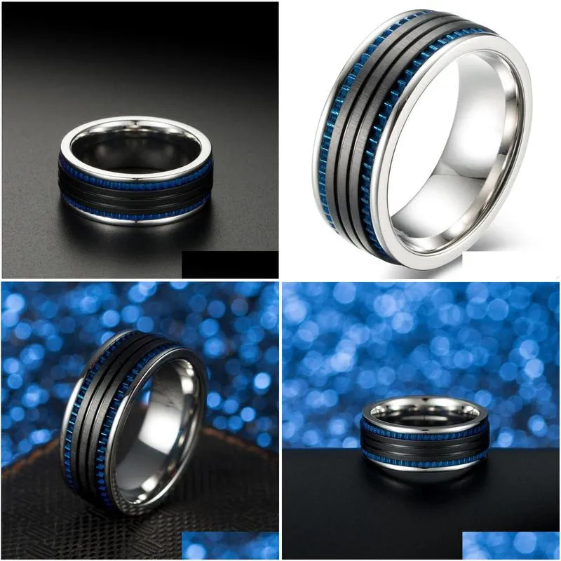 wedding rings fashion wire drawing black and blue color man ring men stainless steel engagement male for tooth