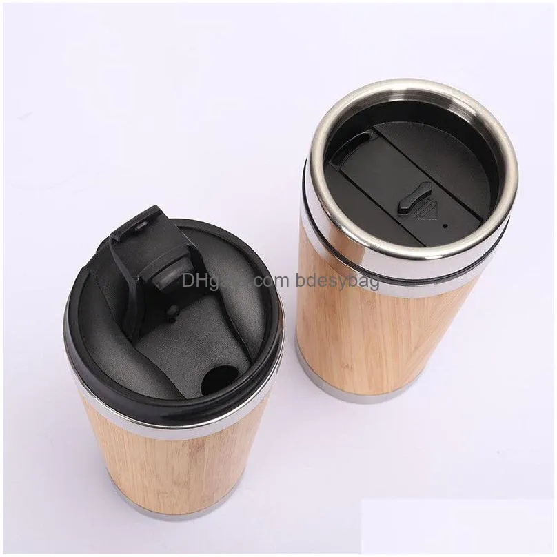 bamboo vacuum cup stainless steel inner coffee cup 450ml travel camping sport car mug coffee water thermos cup