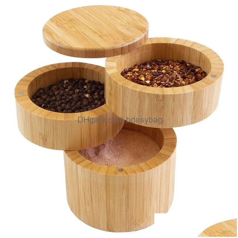 bamboo triple salt case round bamboo box for pepper spice cellars storage container with swivel magnetic lids kitchen tools