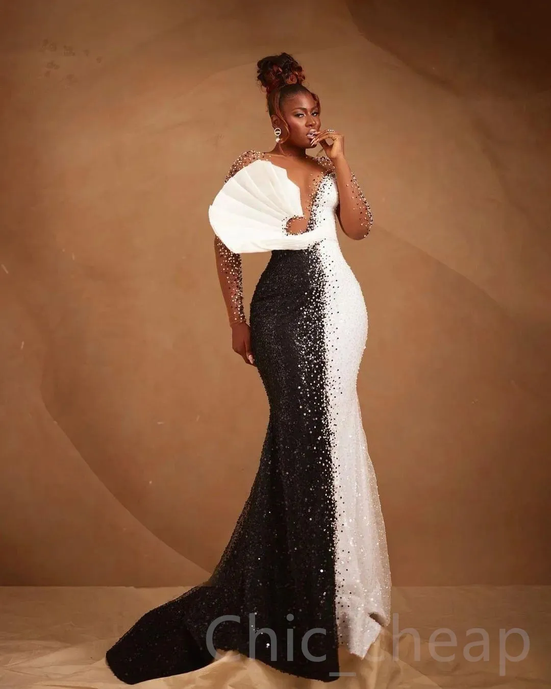 2023 AMVCA Aso Ebi Luxurious Mermaid Prom Dress Beaded Black&White Evening Formal Party Second Reception Birthday Engagement Gowns Dress Robe De Soiree ZJ305