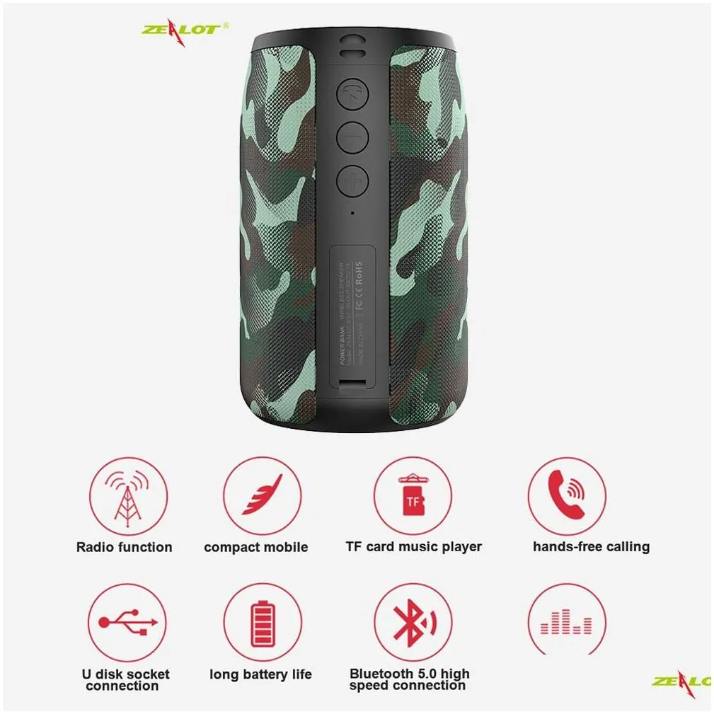 zealot s32 portable bluetooth 5.0 speaker wireless hifi subwoofer 3d stereo diaphragm audio tf card aux usb flash drive play mini