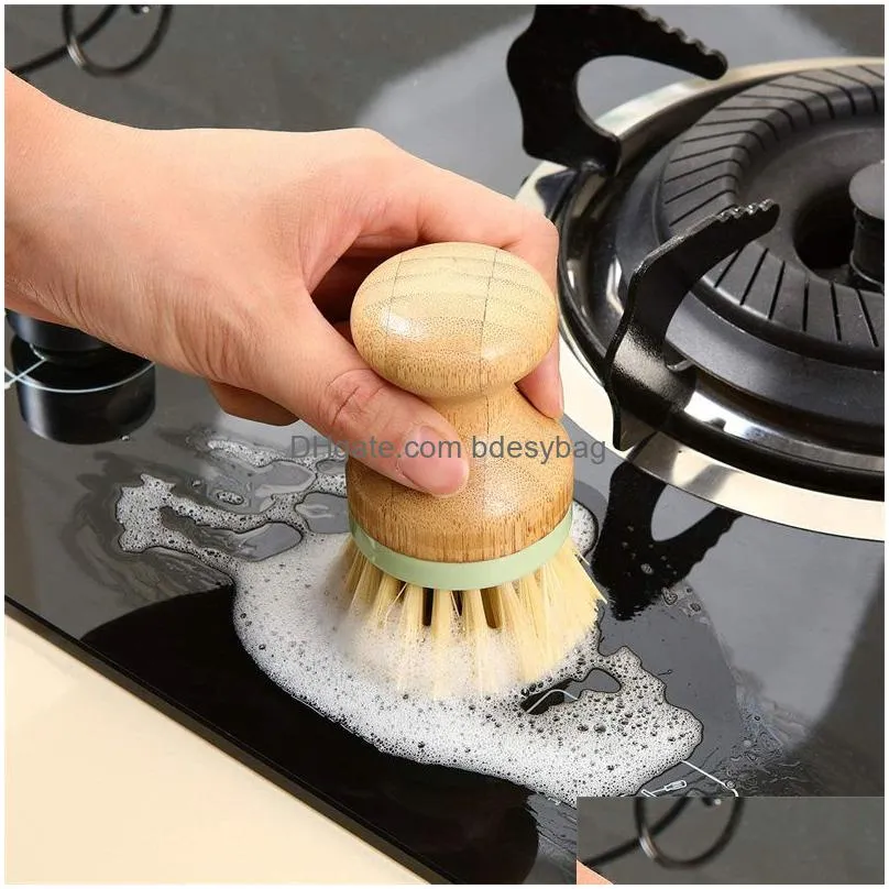 bamboo wood round mini palm scrub brush stiff bristles wet cleaning wash dishes pots pans vegetables brushes