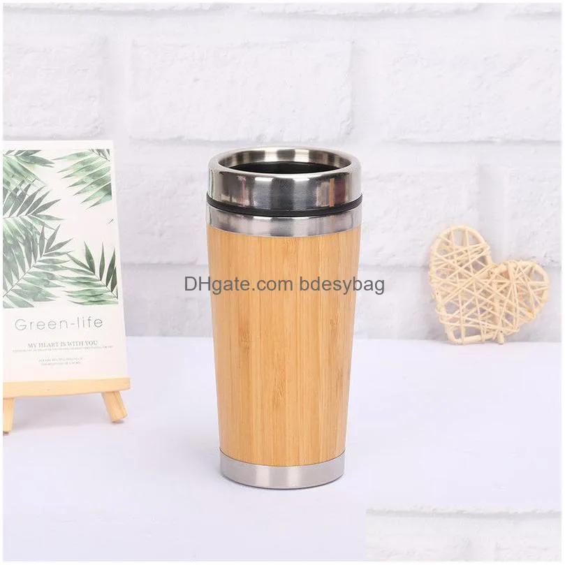bamboo vacuum cup stainless steel inner coffee cup 450ml travel camping sport car mug coffee water thermos cup