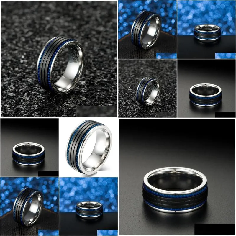 wedding rings fashion wire drawing black and blue color man ring men stainless steel engagement male for tooth