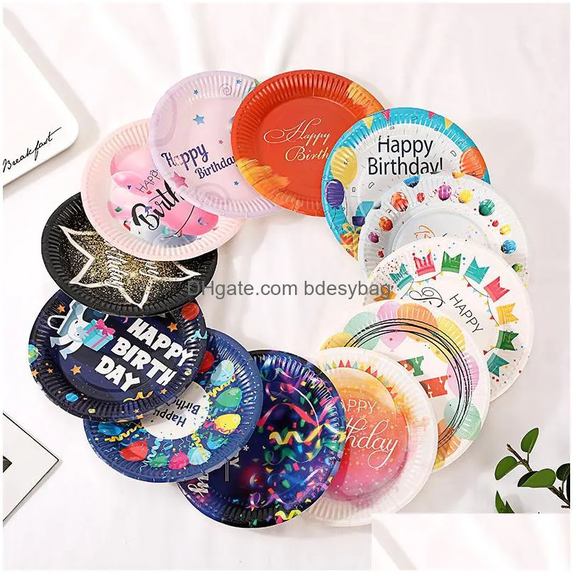 happy birthday disposable paper plate set 10pcs 7 inches party tableware cake fruit candy tray