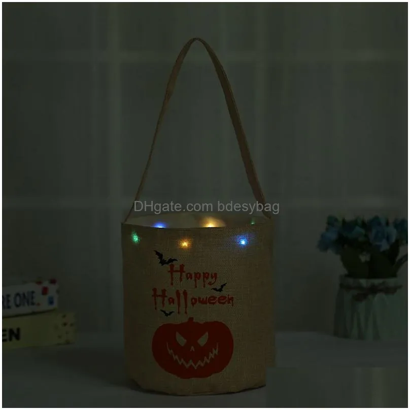 halloween candy bucket kids led night canvas candy gift bags halloween pumpkin ghost skull printed party candy storage bags