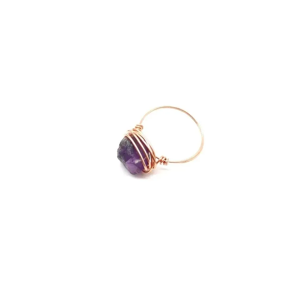 wire wrap natural raw stone rings lapis lazuli amethysts fluorite pink crystal ring for women jewelry