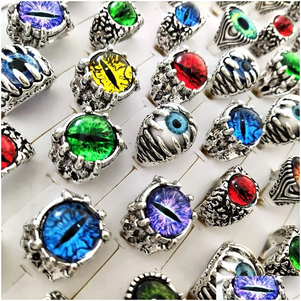 wholesale lots 30pcs punk style exaggeration demon eye rings evil eyes ring nightclub gothic biker party jewelry male fashion metal alloy wonderful