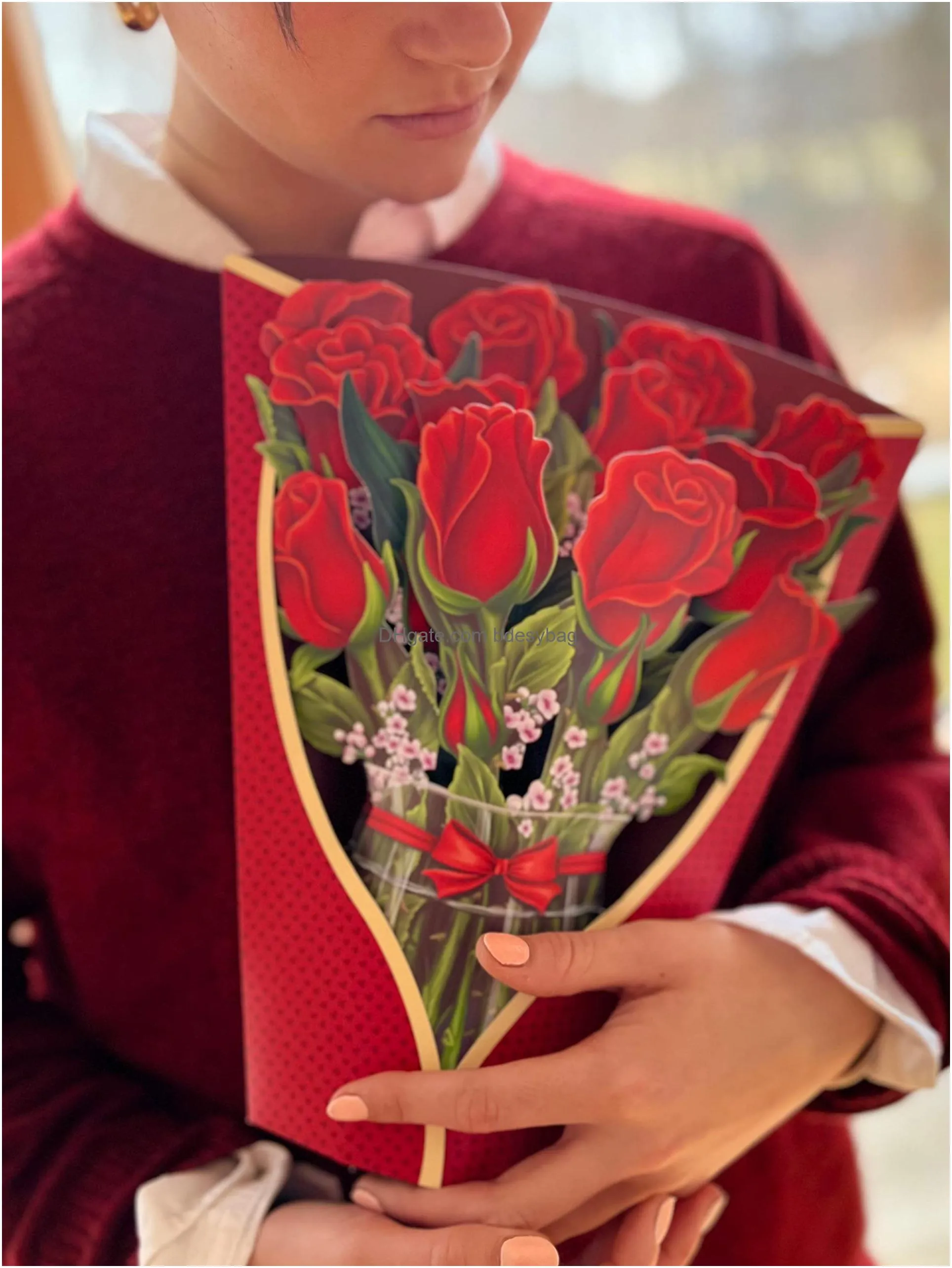  up cards red roses 12 inch life sized forever flower bouquet 3d popup paper flower anniversary greeting cards with note card and envelope