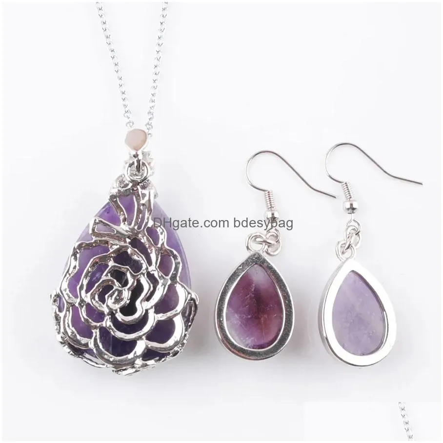 healing purple crystal necklace earrings set water drop reiki natural amethyst stone pendant for women jewelry sets gift q3074