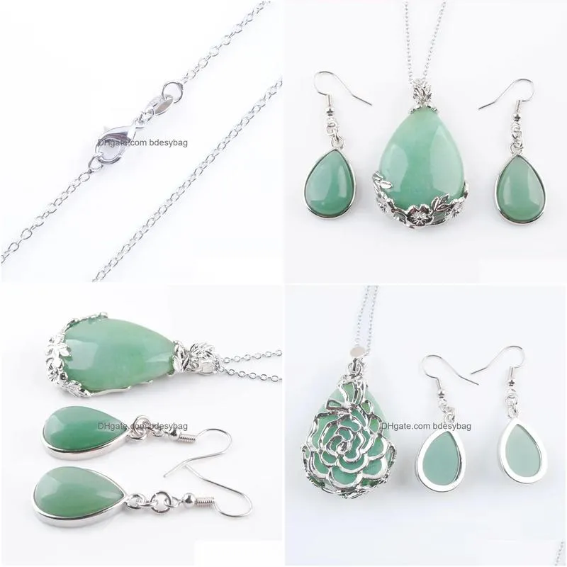 classic love gift summer beach jewelry set teardrop natural aventurine stone pendants necklace hook dangle drop earring q3072