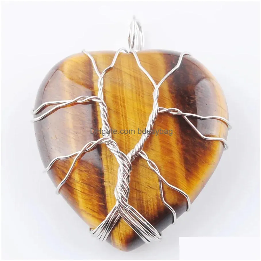 natural stone beads tree of life pendants silvers color wire wrap weave charms reiki love heart jewelry bn362