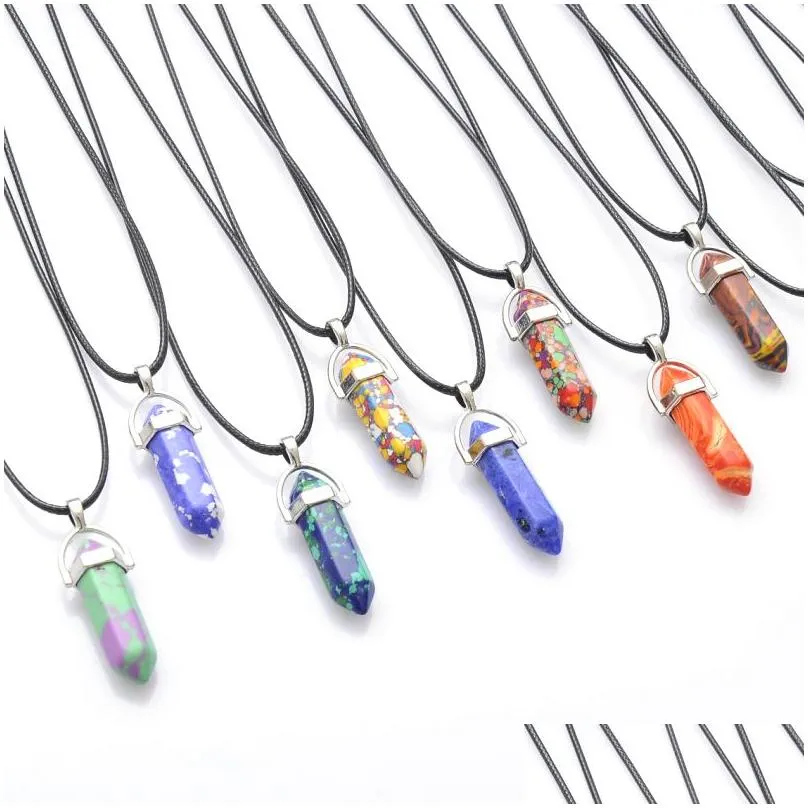 natural crystal stone pendant necklace hand carved creative hexagonal column gemstone necklaces fashion accessory with chain