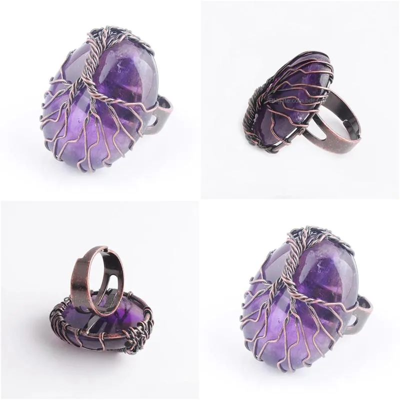 natural stone amethysts bead antique rings for women finger jewelry wire wrapped tree of life adjustable ring x3053