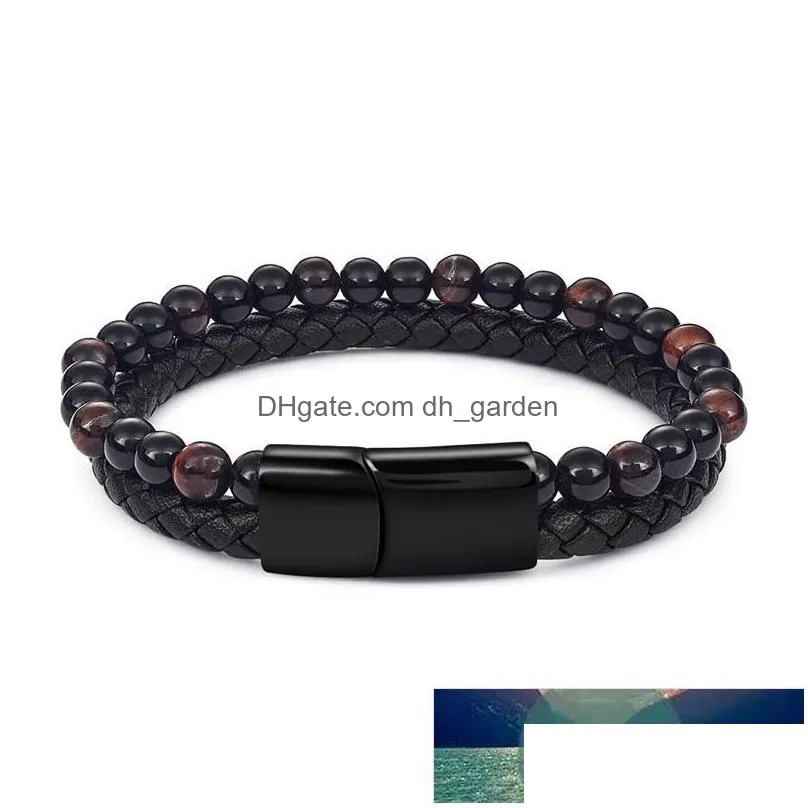 men bracelet natural stone genuine leather bracelet stainless steel magnetic clasp tiger eye beaded bangles fashion punk jewelry factory price expert