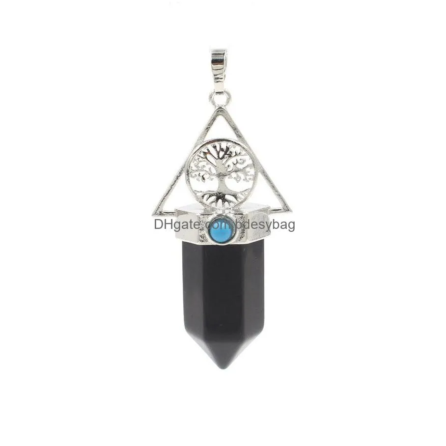yowost natural stone pendants bullet hexagonal point pendulum column reiki healing chakra beads tree of life pendant blue sand lapis lazuli