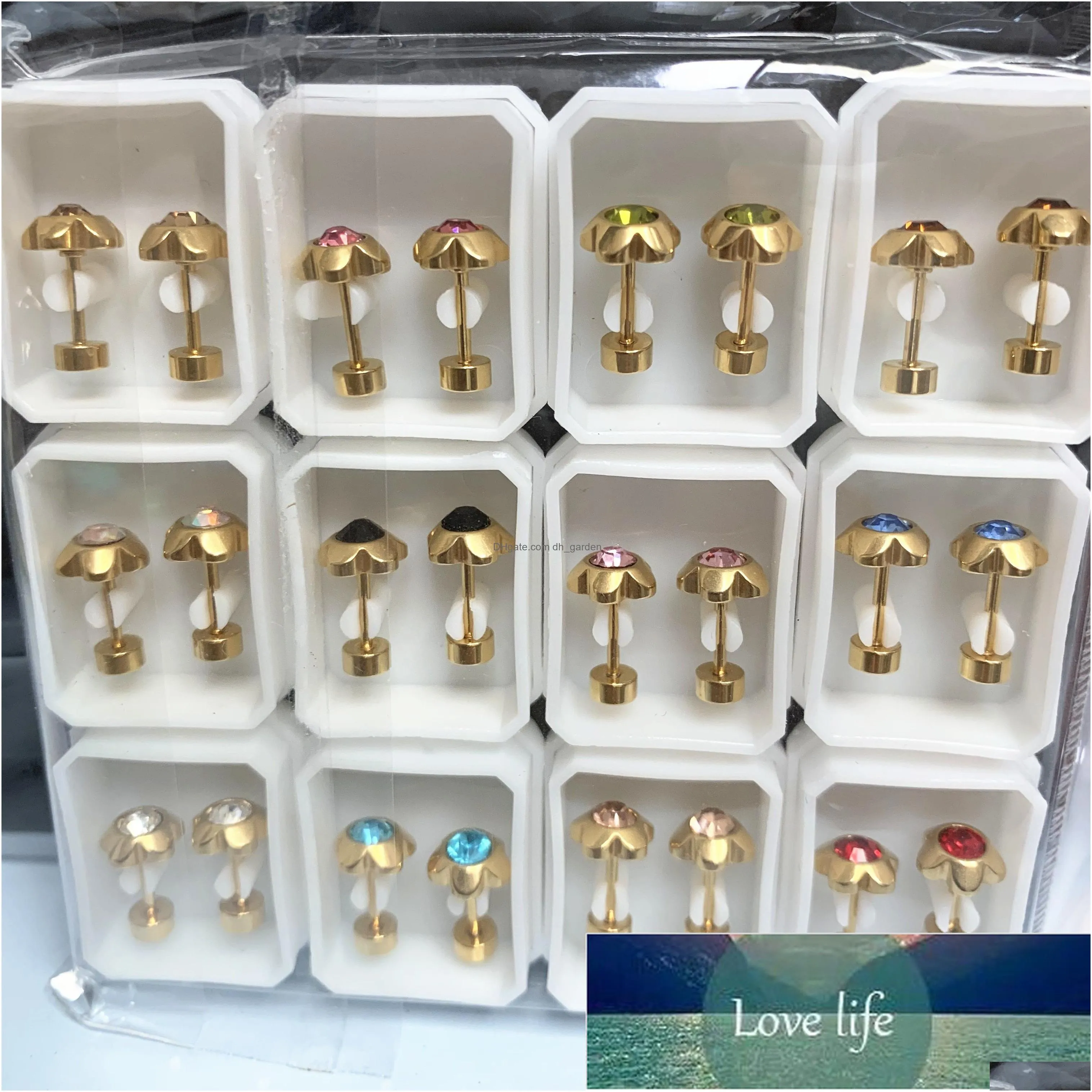 asonsteel 12pairs/lot gold/silver color colorful cubic zirconia flower screw stud earring stainless steel baby earring wholesale factory price expert