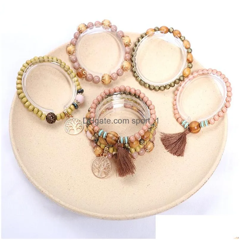 bohemian tassel bracelet wood beads beaded bracelet life tree pendant bracelets 4pcs/set