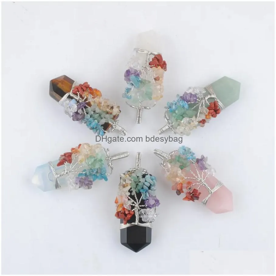 natural stone pendant aventurine opal 7 chakra tree of life jewelry gift for women men silvers wire wrap sword bn485