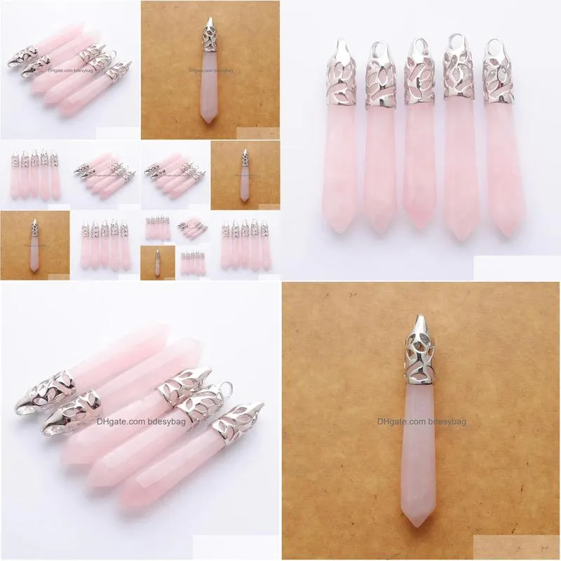 natural rose quartzs gem stone long pendulum charm stones pendants silver plated fashion jewelry fit necklace n3002