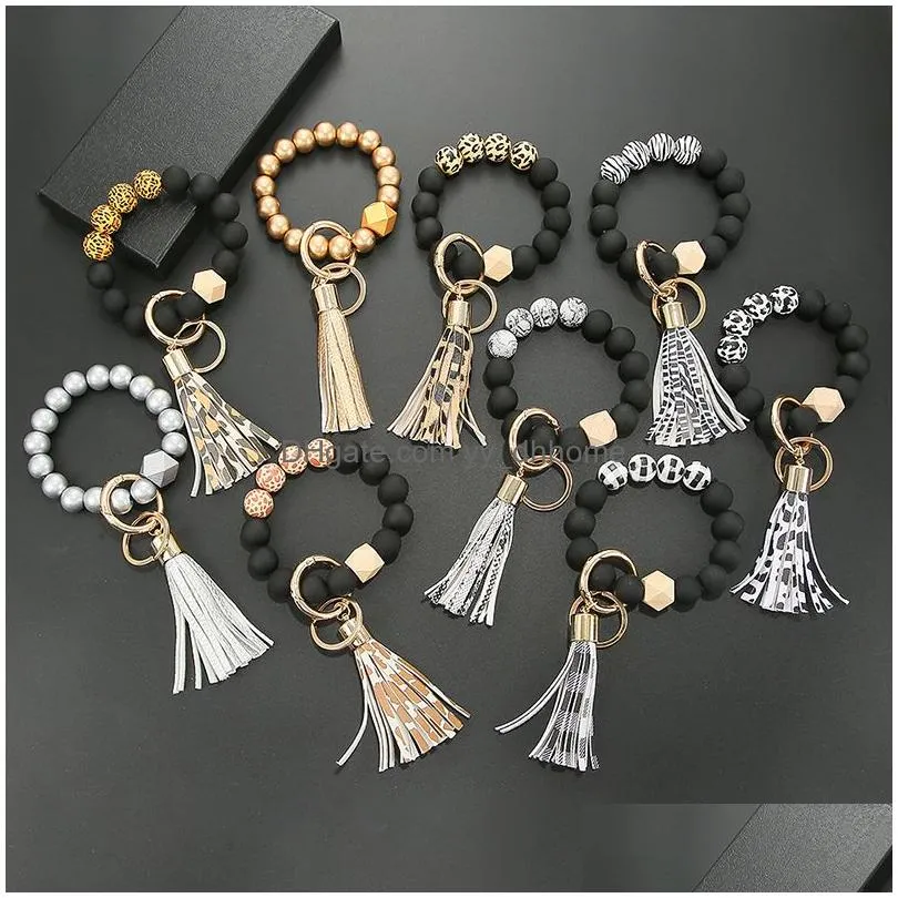 frosted wooden beaded keychain leopard tassel keychains pendant ladies wrist bracelet key chain fashion jewelry keyring