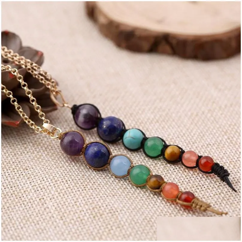 natural crystal stone pendant necklaces colorful seven chakra stones necklace yoga healing balance bead fashion accessories