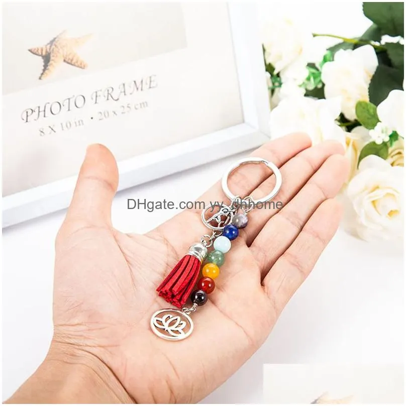 colorful chakra stone tassel keychain pendant lotus reiki healing yoga natural gemstone beaded keychain creative keyring gift