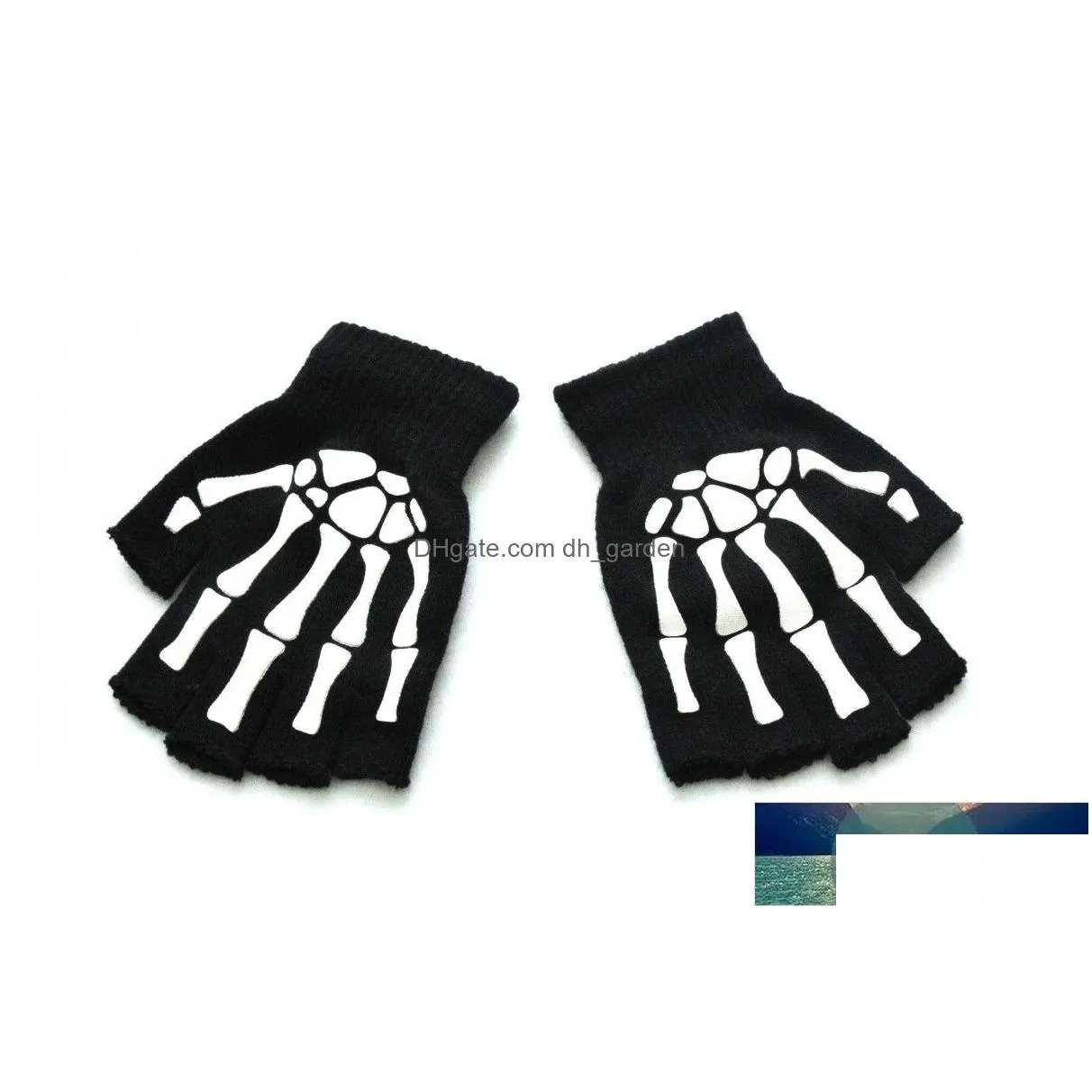 uni adult halloween skeleton skull half finger gloves glow in the dark fingerless stretch knitted winter mittens factory price expert design quality
