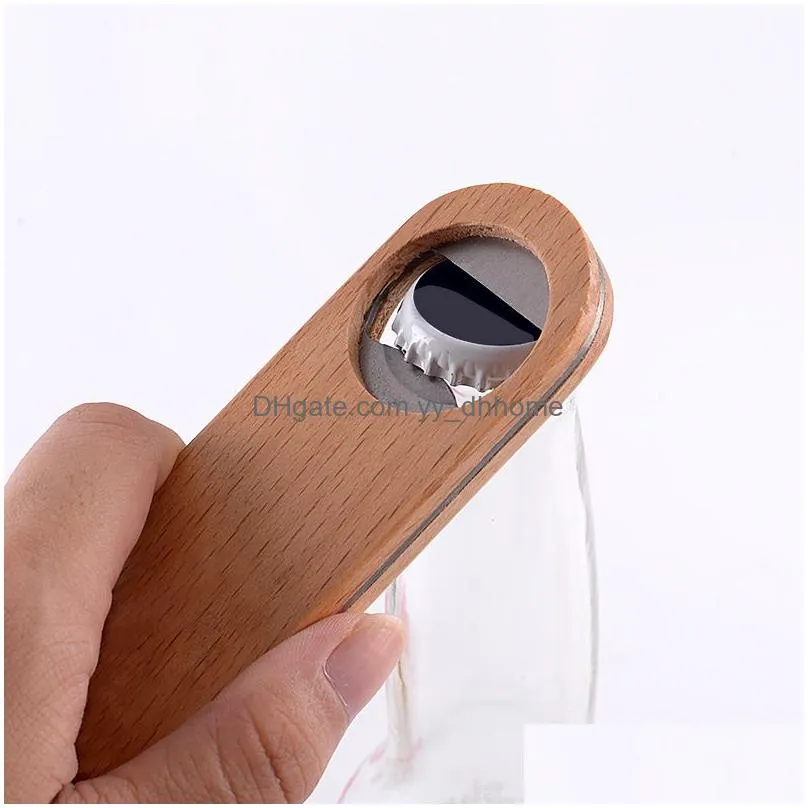 wooden handle stainless steel bottle opener household portable flat corkscrew hangable bar kitchen tools