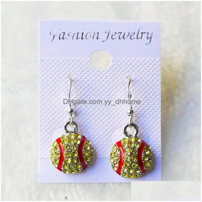 fashion sport softball baseball earrings chandelier stud crystal rhinestone post silver bling yellow fastpitch with retail packaging