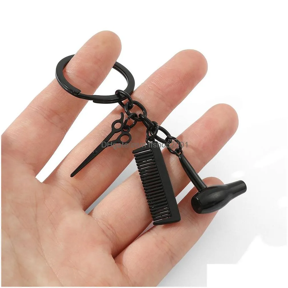 metal keychain creative hair dryer comb scissors key chain bag decorative pendant