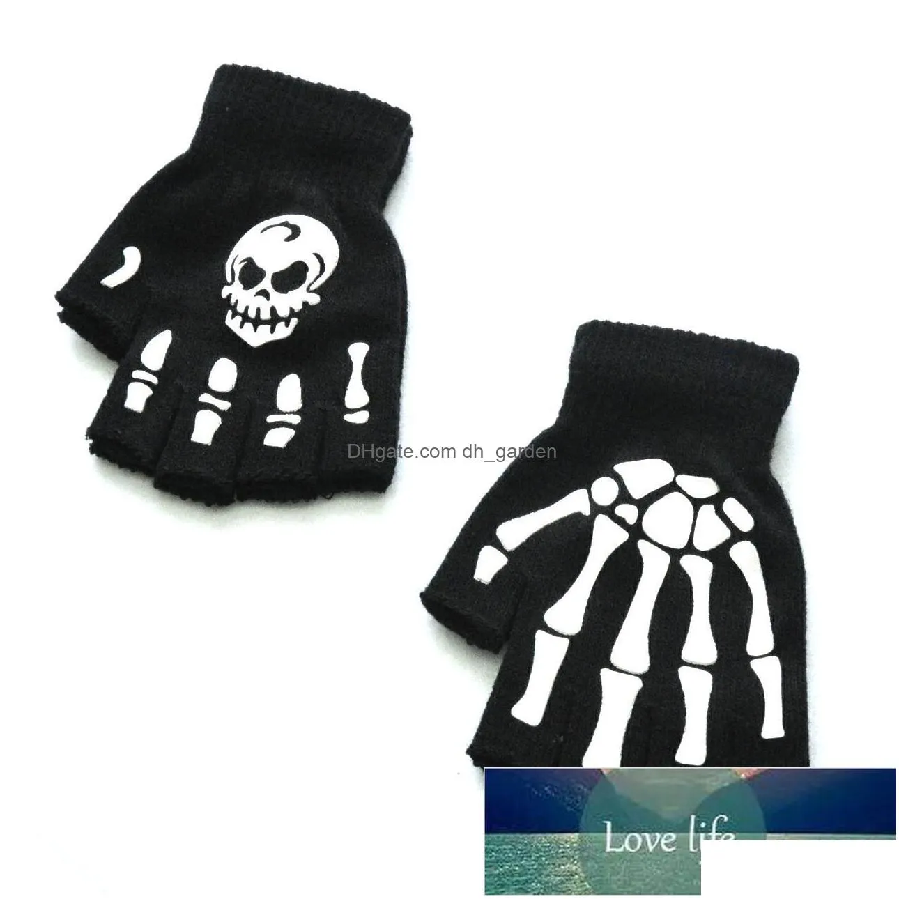 uni adult halloween skeleton skull half finger gloves glow in the dark fingerless stretch knitted winter mittens factory price expert design quality