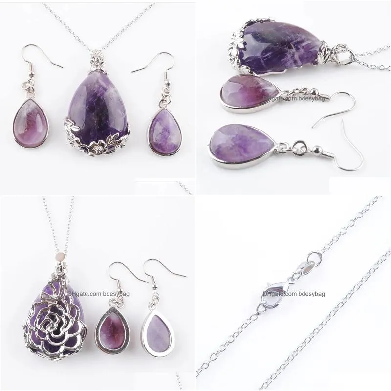 healing purple crystal necklace earrings set water drop reiki natural amethyst stone pendant for women jewelry sets gift q3074