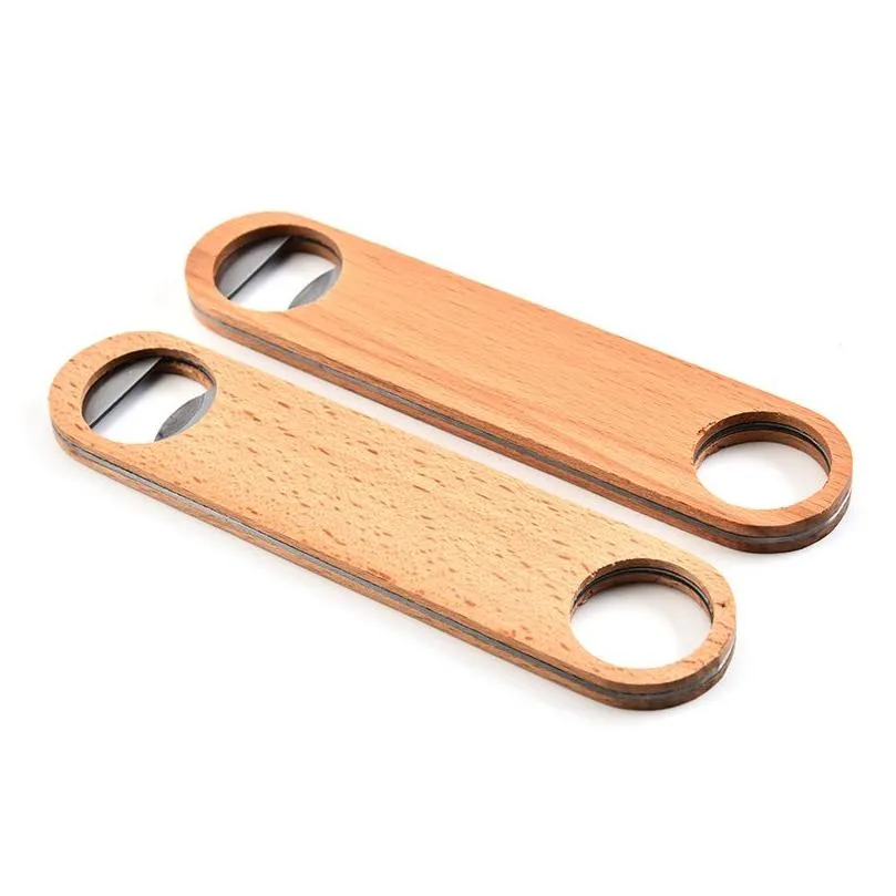 wooden handle stainless steel beer bottle opener portable household flat corkscrew hangable bar kitchen tool