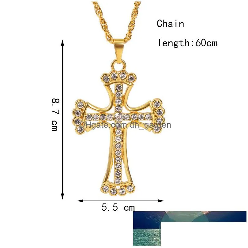 women men rhinestone cross big pendant necklaces hip hop jewelry punk style gold silver color long chain statement necklace factory price expert design