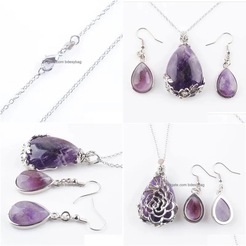 healing purple crystal necklace earrings set water drop reiki natural amethyst stone pendant for women jewelry sets gift q3074