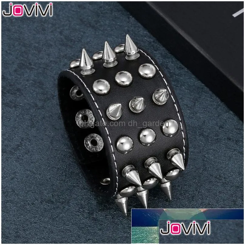 jovivi 1x men women studded chain rivet skull demon spike genuine leather punk rock gothic biker wide cuff bracelet adjustable factory price expert design