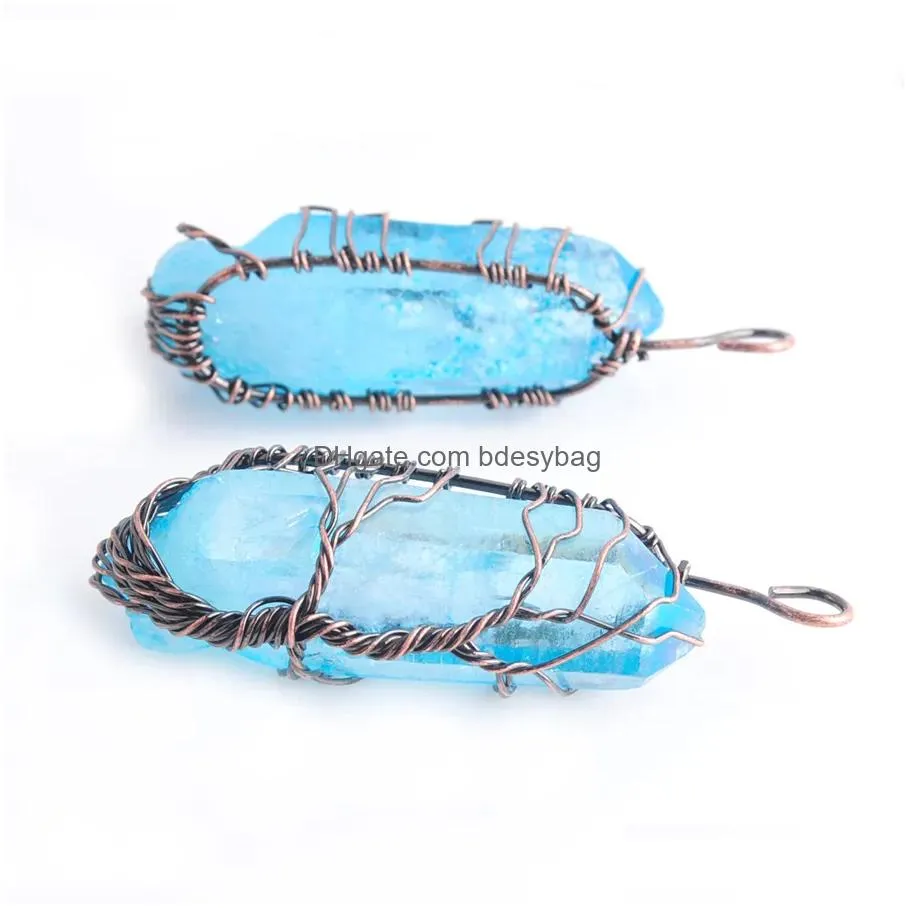 natural blue crystal pillar pendants handmade antique copper wire wrapped tree of life for necklace jewelry n3749