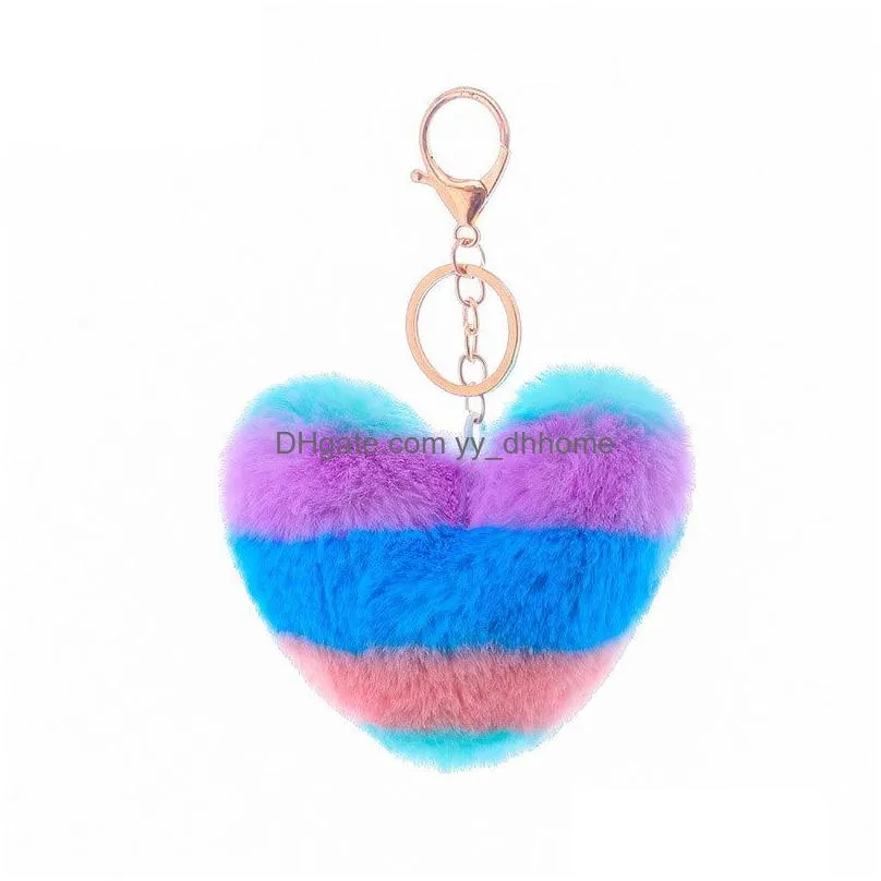 rainbow stitching plush keychain pendant creative heart shaped rabbit fur key chain car keychains christmas gift